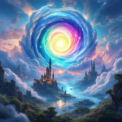 Primary subject: A colorful, swirling, and vibrant sunset with a castle in the background.

Setting/background: The sunset is set against a backdrop of a castle, with a body of water nearby. The scene is painted in a digital art style.

Visual style: The image is a digital art painting, featuring a vivid and lively sunset.

Colors and mood: The colors in the painting are predominantly warm and vibrant, creating a serene